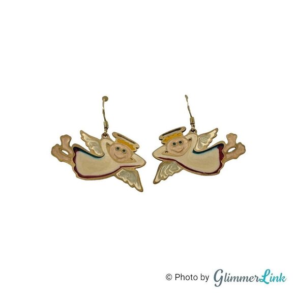 Vintage Whimsical Angels Enamel Cloisonné Drop Dangle Gold Tone Earrings - Picture 5 of 10